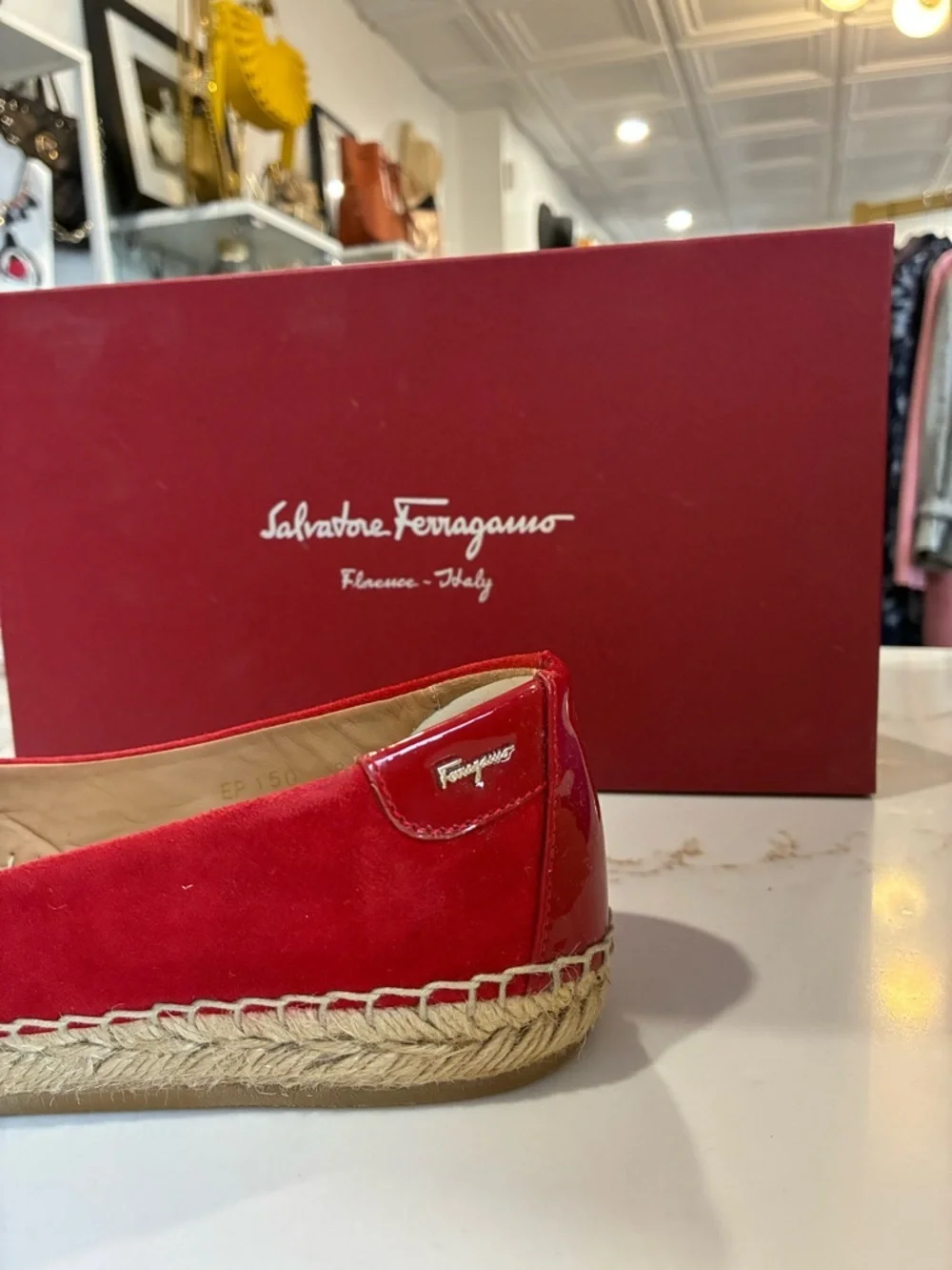 Salvatore Ferragamo red suede espadrille flats with a bow